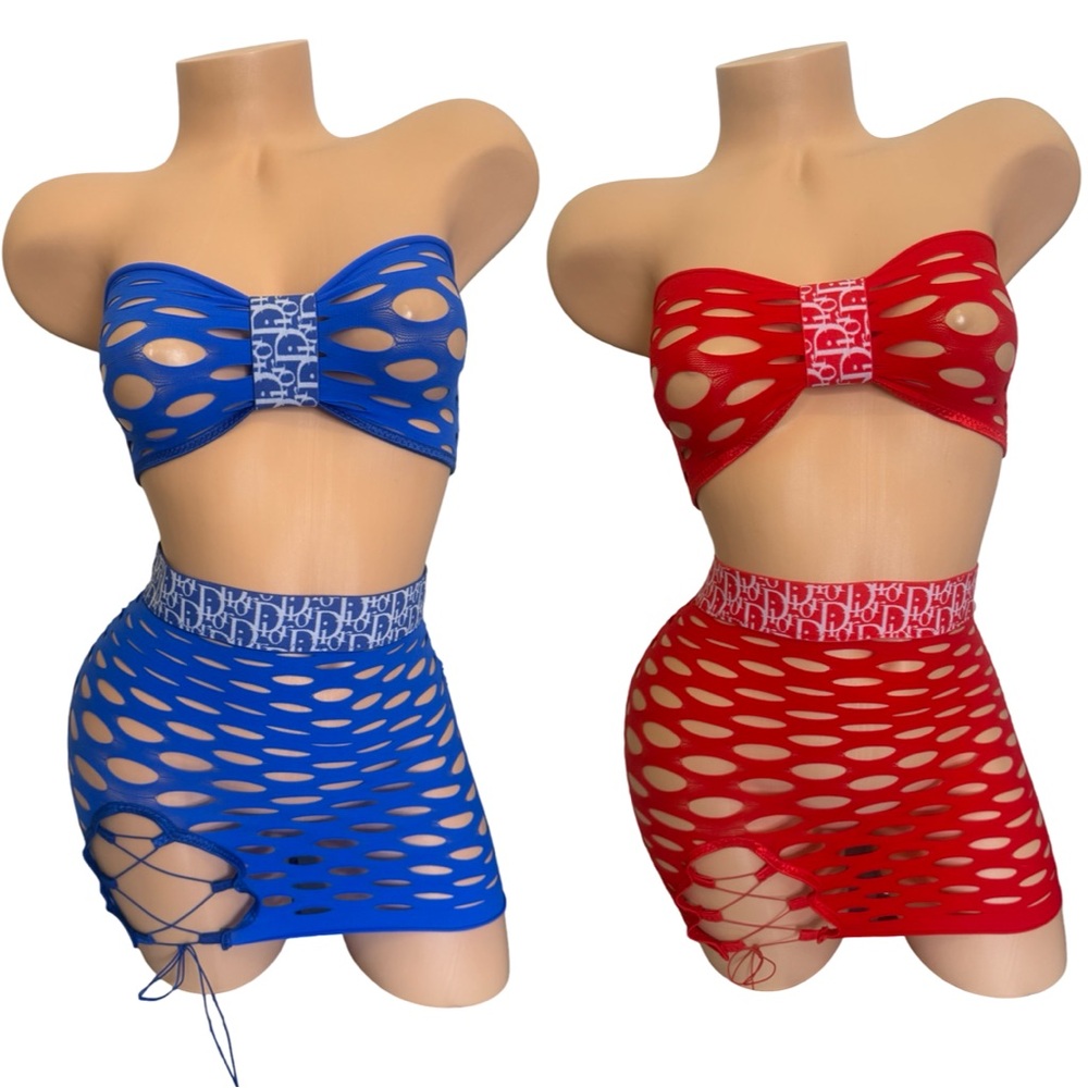 Cutout Mesh Two-Piece Set with Logo Band - Blue